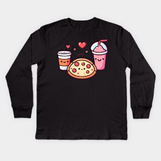 Cute Kawaii Food Art | Pizza Party with Pepperoni Pizza, Cola and Milkshake Kids Long Sleeve T-Shirt